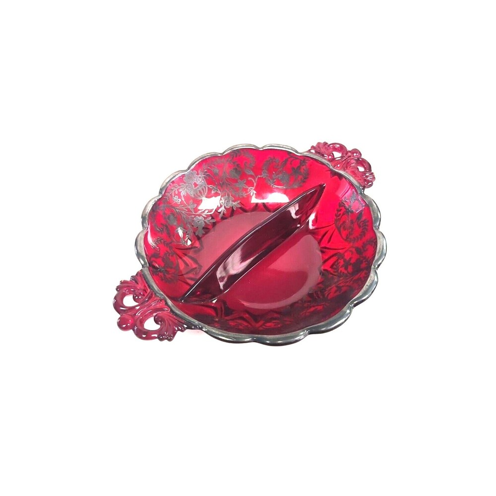 Antique Cranberry Cadium Glass Dish with Sterling Overlay Glows Under Blacklight